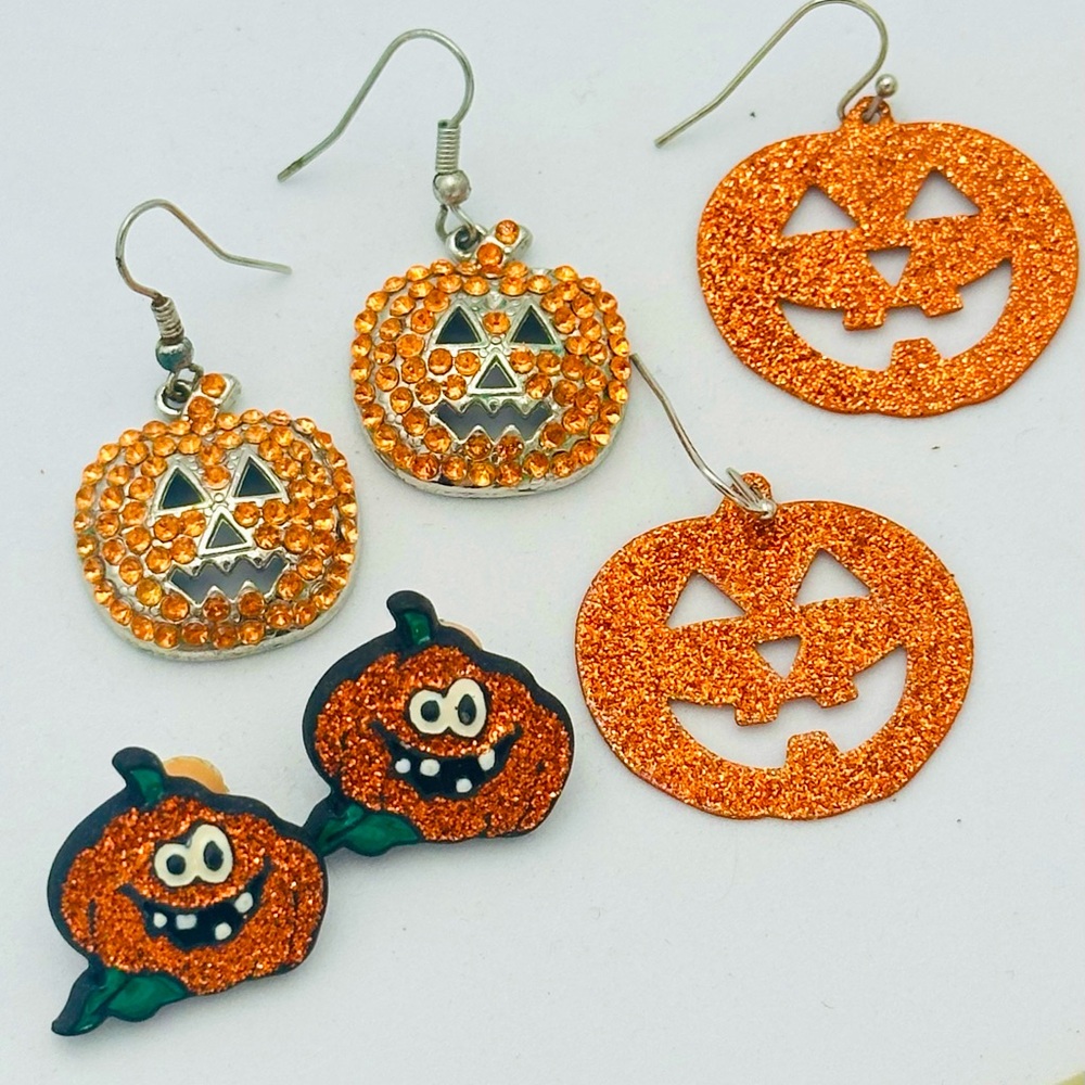 Lot Halloween Earrings Pumpkin Jack O Lantern Rhinestone Glitter Hook Stud